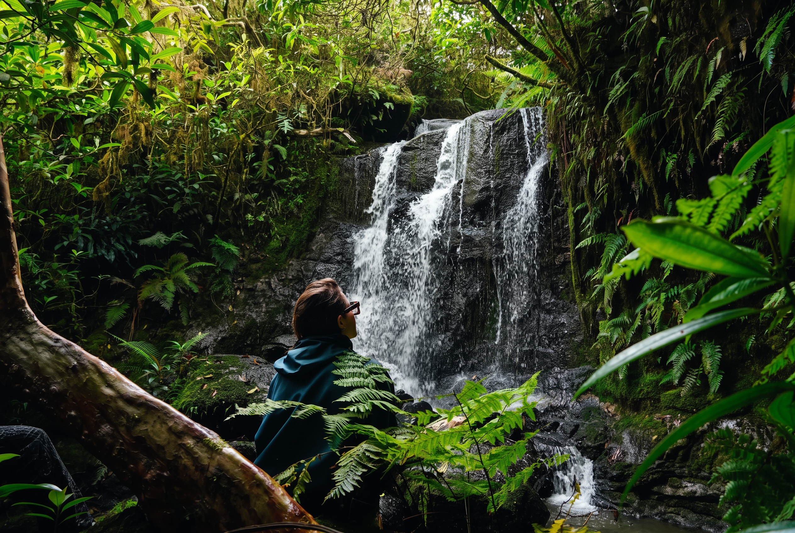 Traveller looking up at a waterfall hidden in the Miconia forest