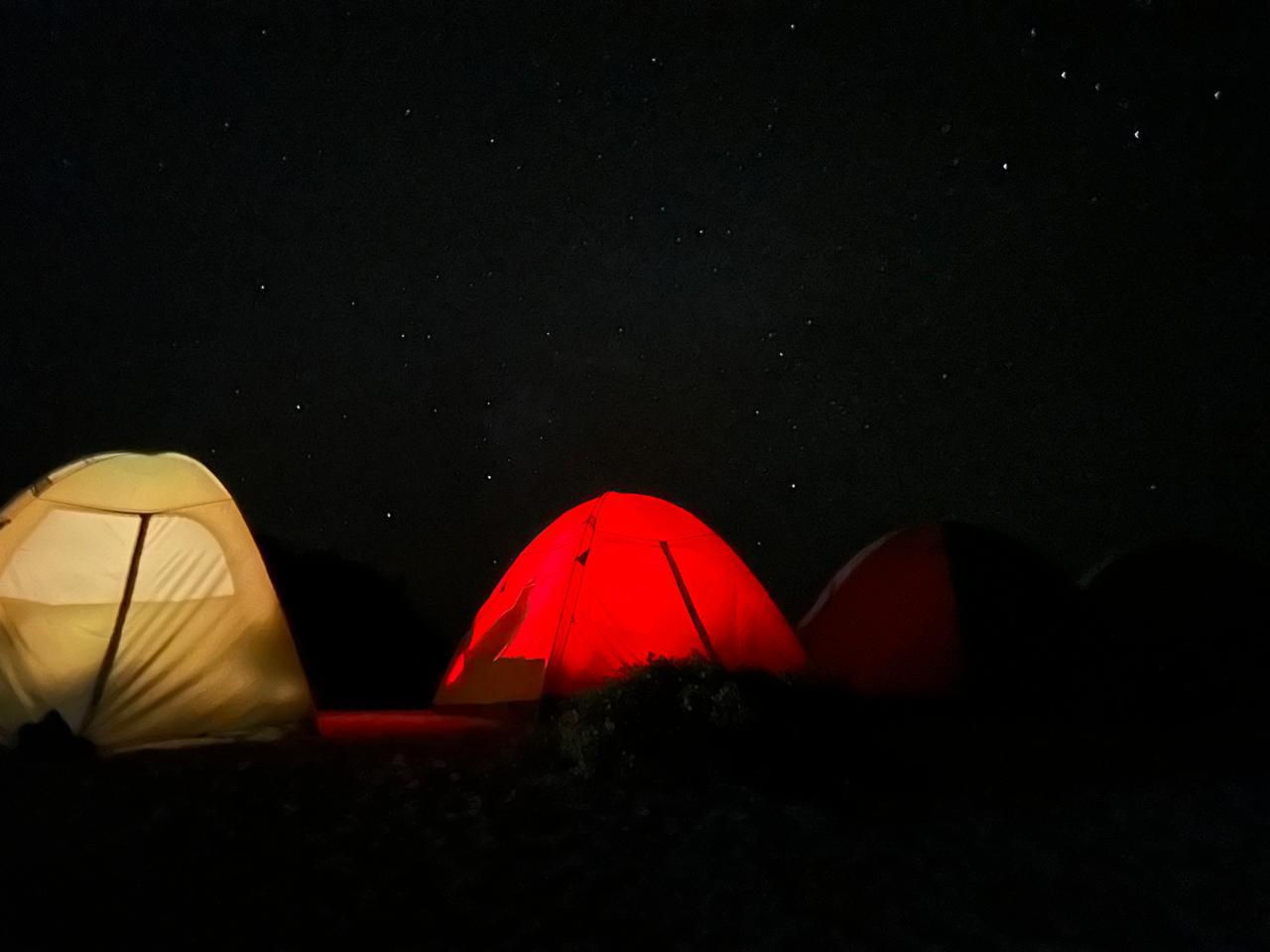 Illuminated tents under a star-filled sky