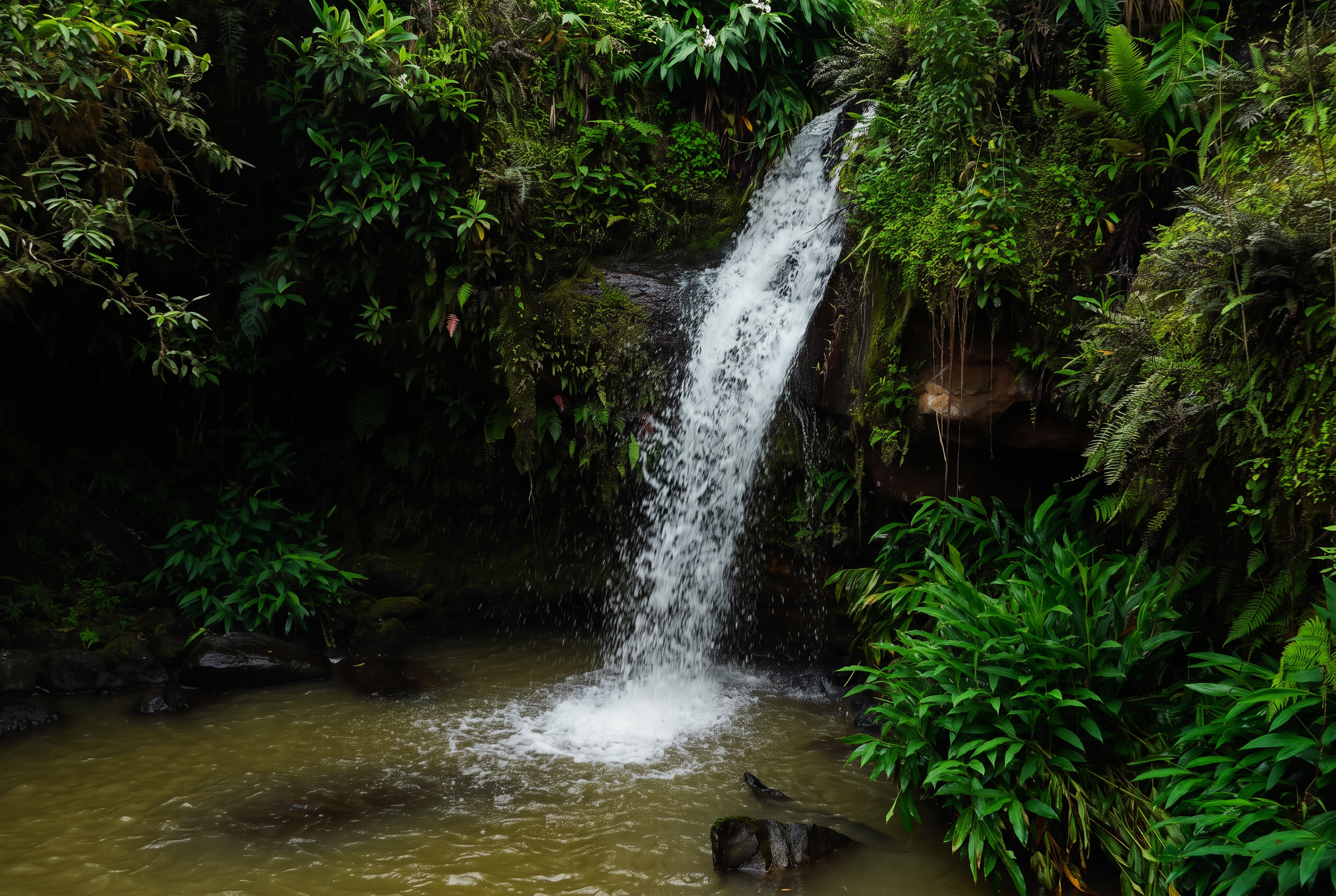 Waterfall plunging into a natural pool in the Miconia forest
