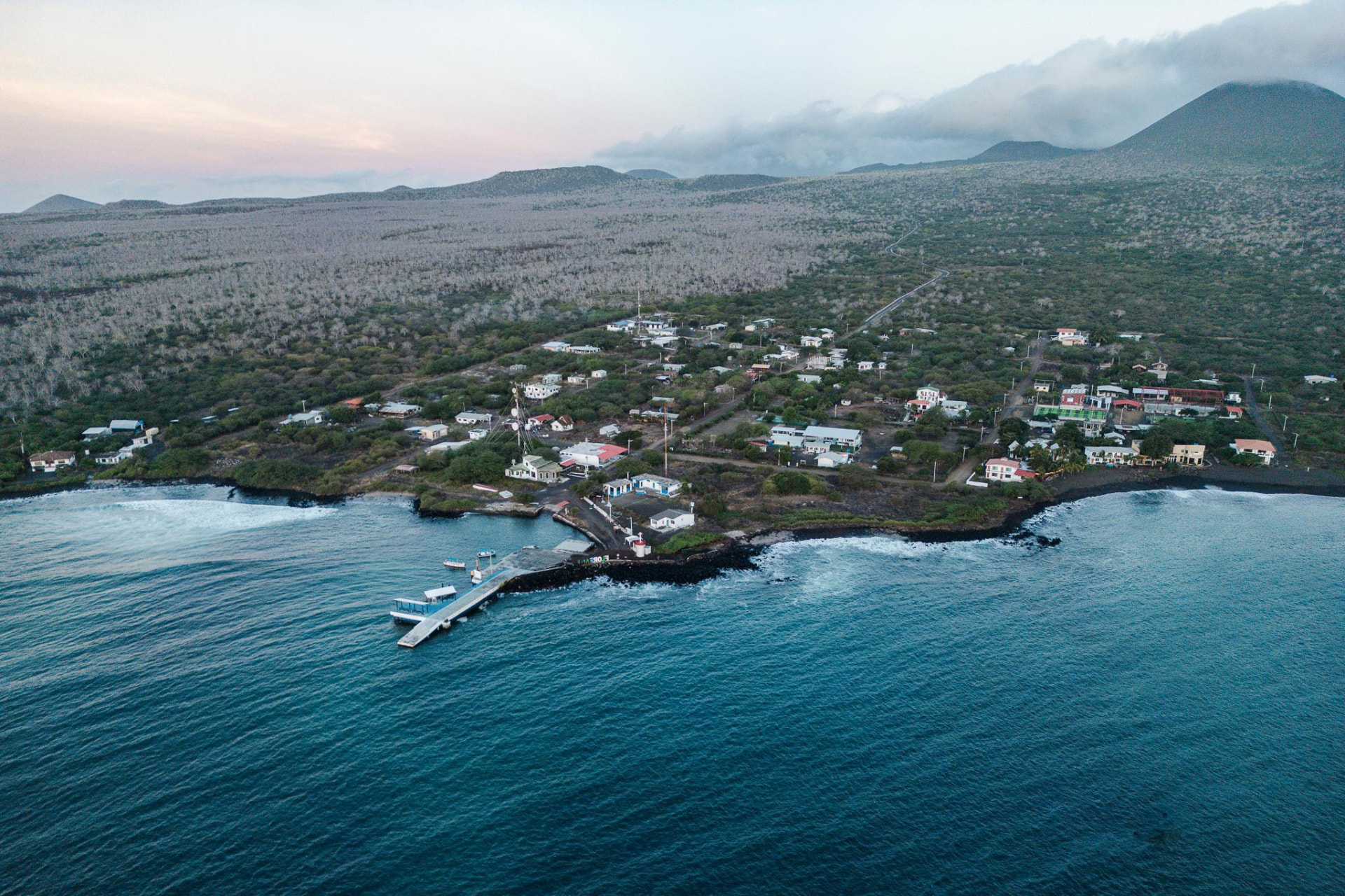 Aerial view of Puerto Velasco Ibarra and its pier on Floreana