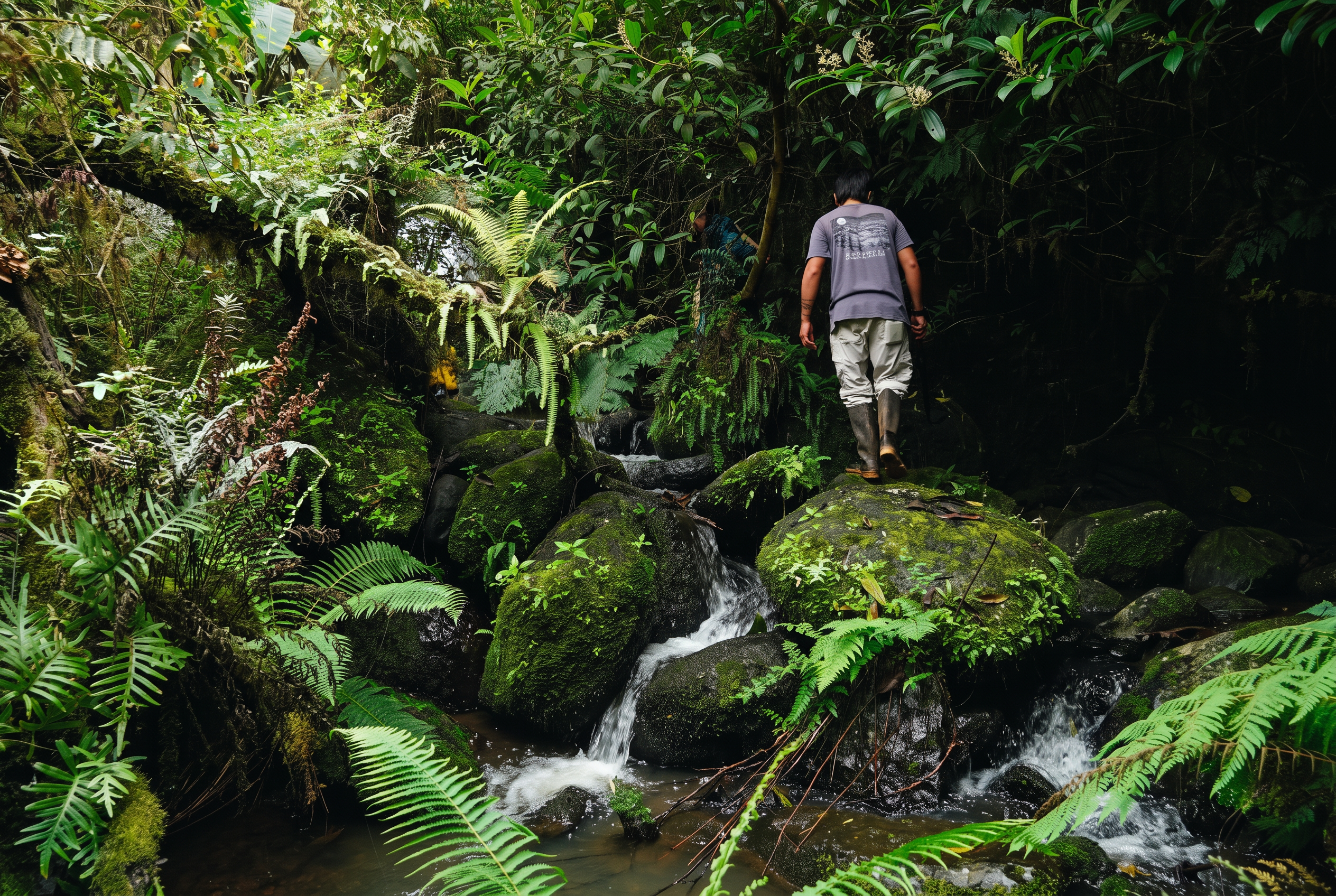 Guide crossing a mossy stream on the way to the waterfall
