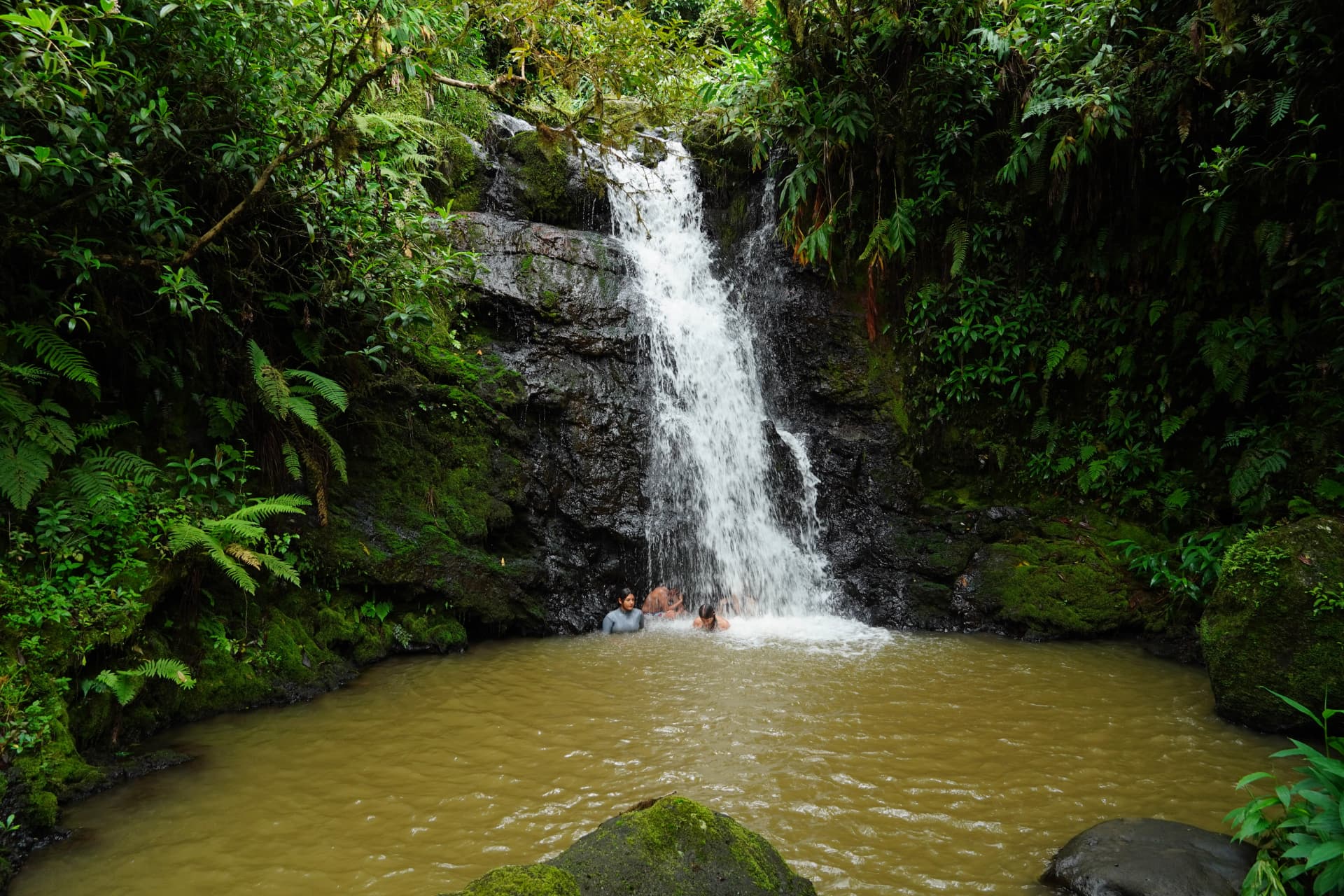 Travellers swimming beneath the highland waterfall in the forest pool