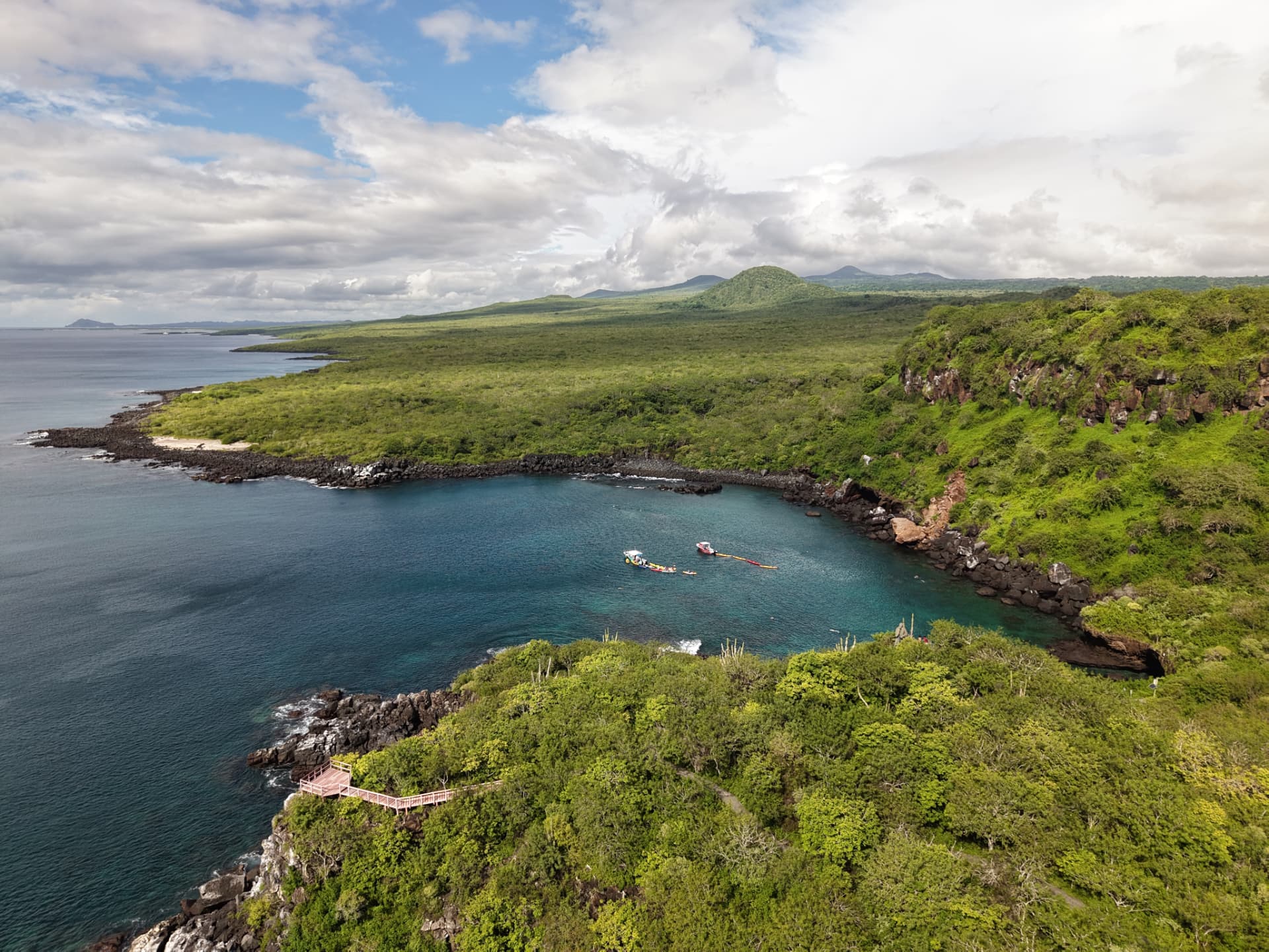Aerial view of a green cove with support boats and kayakers near a forested coast