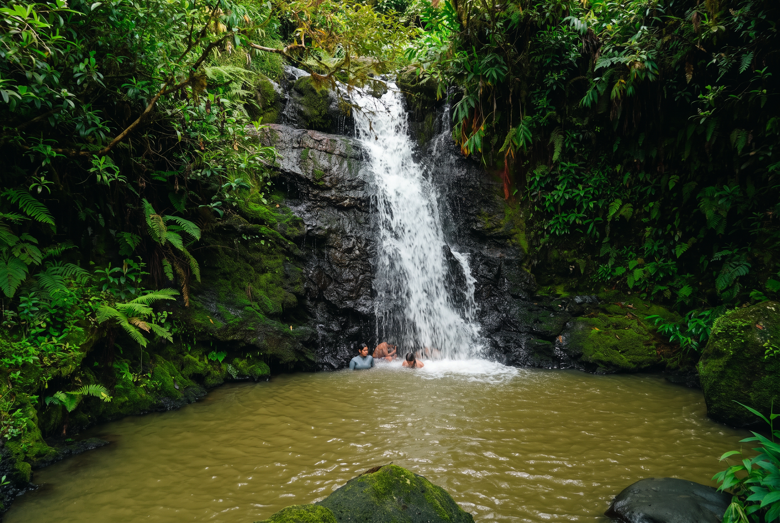 Guests relaxing beneath a waterfall in the highland forest