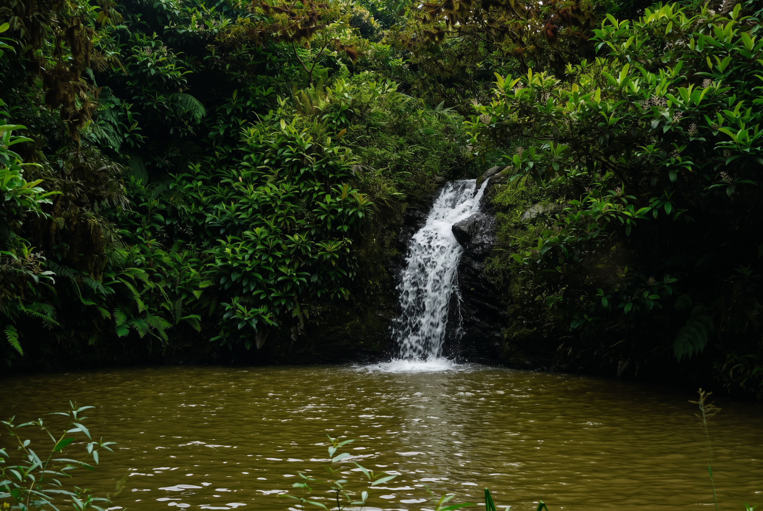 Waterfall cascading into a green highland pool surrounded by ferns